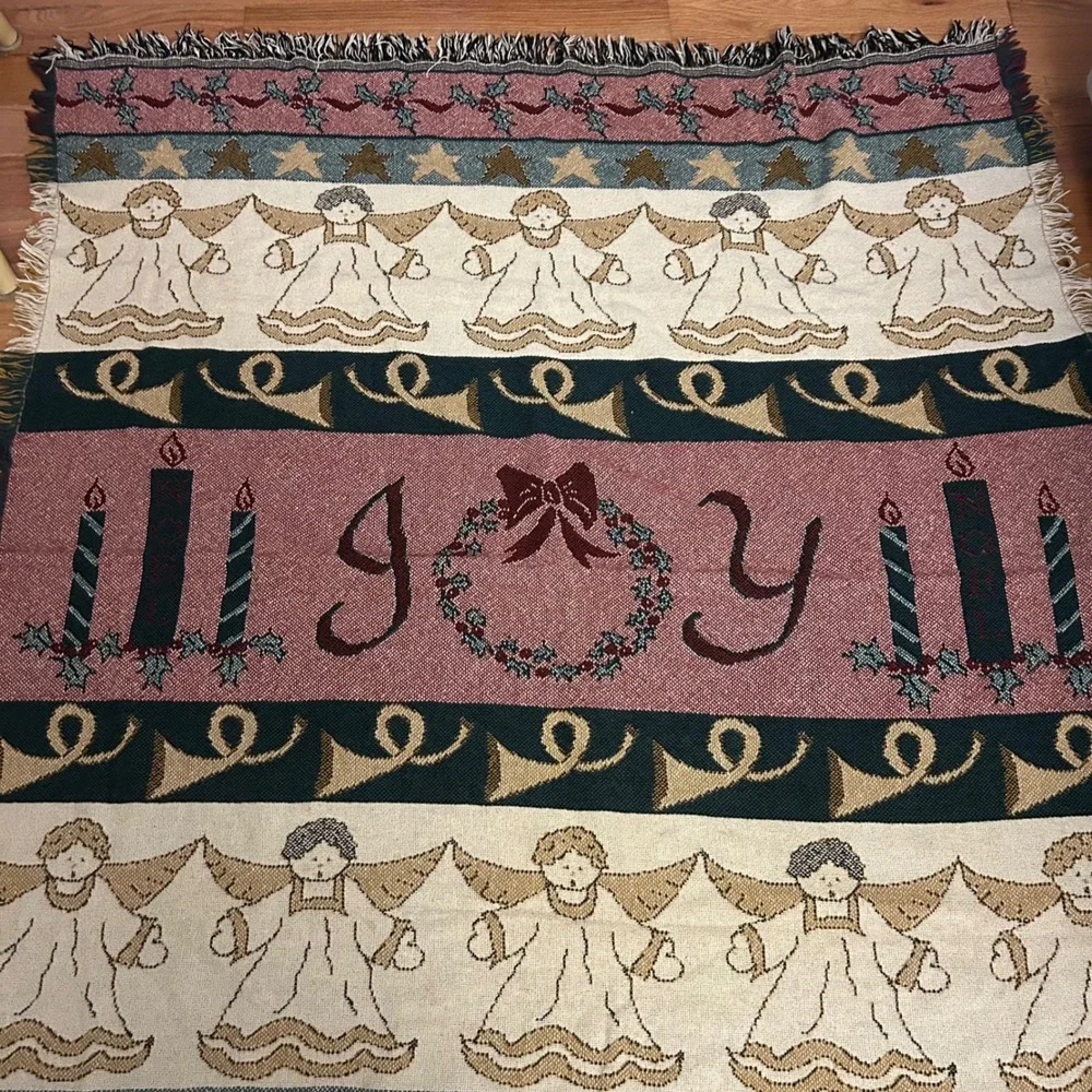 Vintage Christmas Throw Blanket Angels Joy Candles Holly Star Holiday Decor52x62